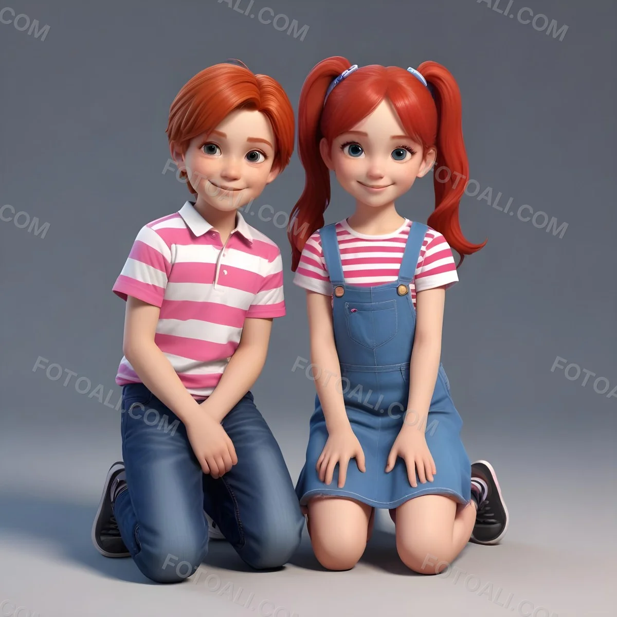 Colorful Flat Illustration Classical Animes A Boy With Red Hair Wearing A Red And White Striped Shirt And Blue Jeans Kneels On The Left A Girl With Long Black Hair Styled In Two Ponytails With Colorful Clips Stand 5 4b31