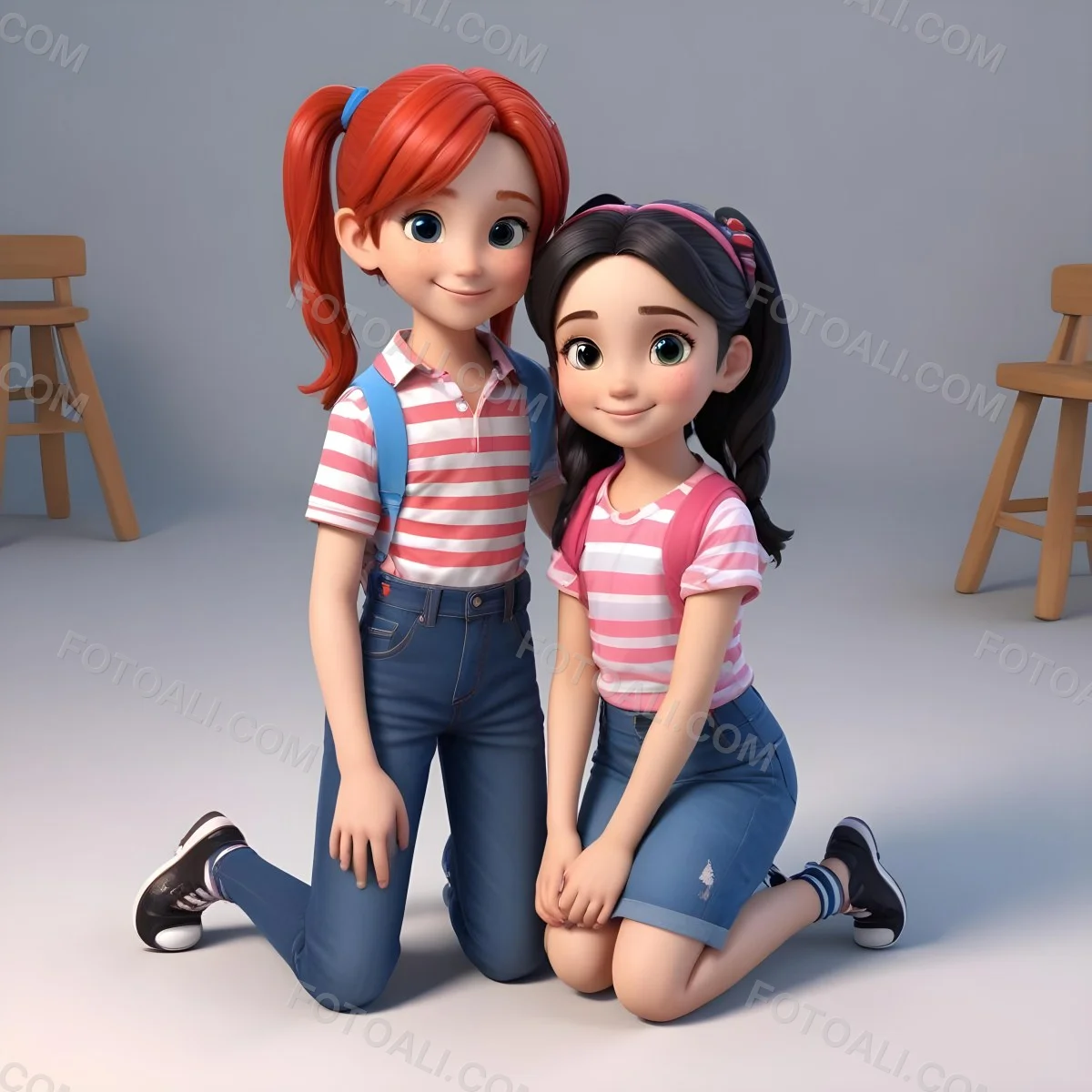 Colorful Flat Illustration Classical Animes A Boy With Red Hair Wearing A Red And White Striped Shirt And Blue Jeans Kneels On The Left A Girl With Long Black Hair Styled In Two Ponytails With Colorful Clips Stand 7 747f