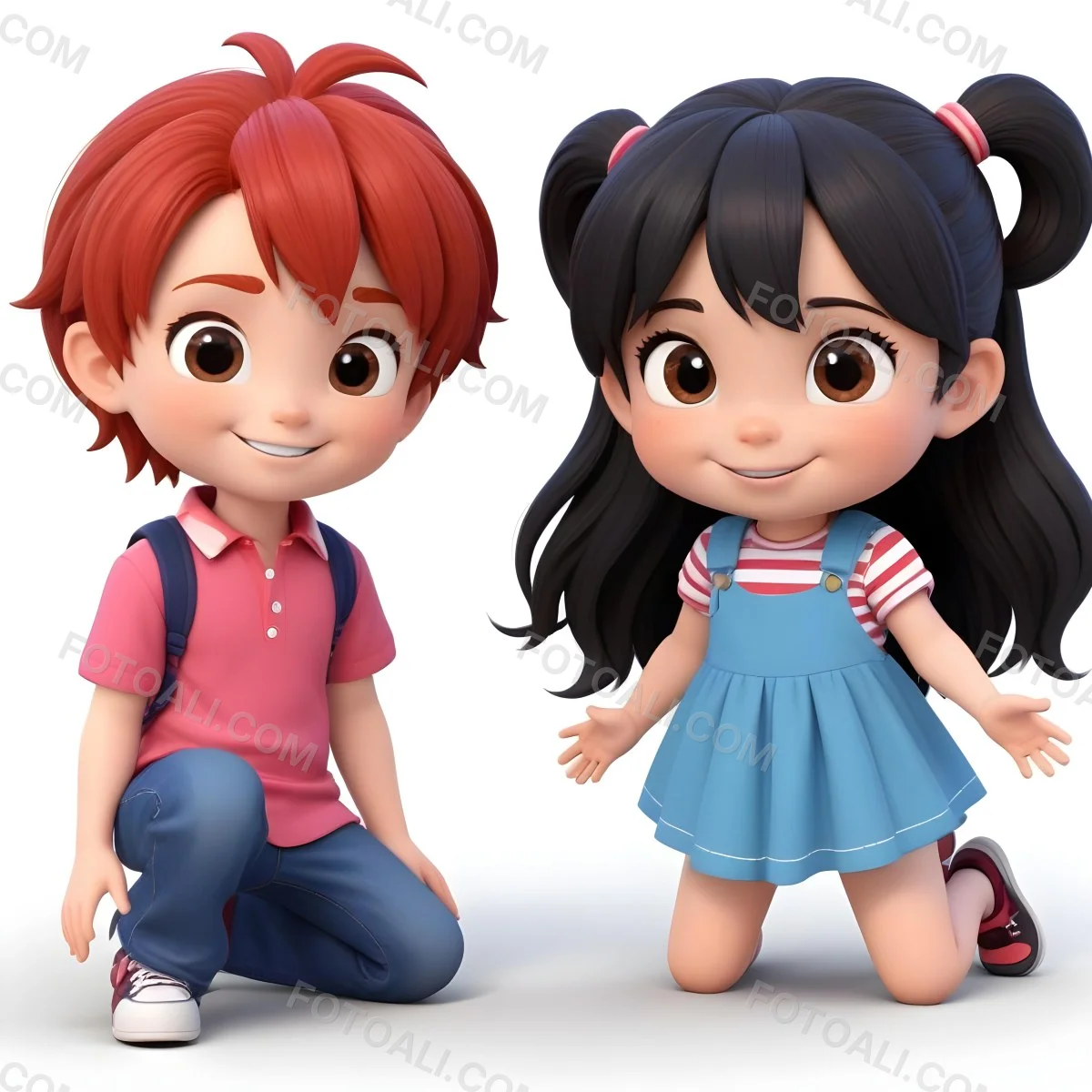 Colorful Flat Illustration Classical Animes A Boy With Red Hair Wearing A Red And White Striped Shirt And Blue Jeans Kneels On The Left A Girl With Long Black Hair Styled In Two Ponytails With Colorful Clips Stand 8 02ed