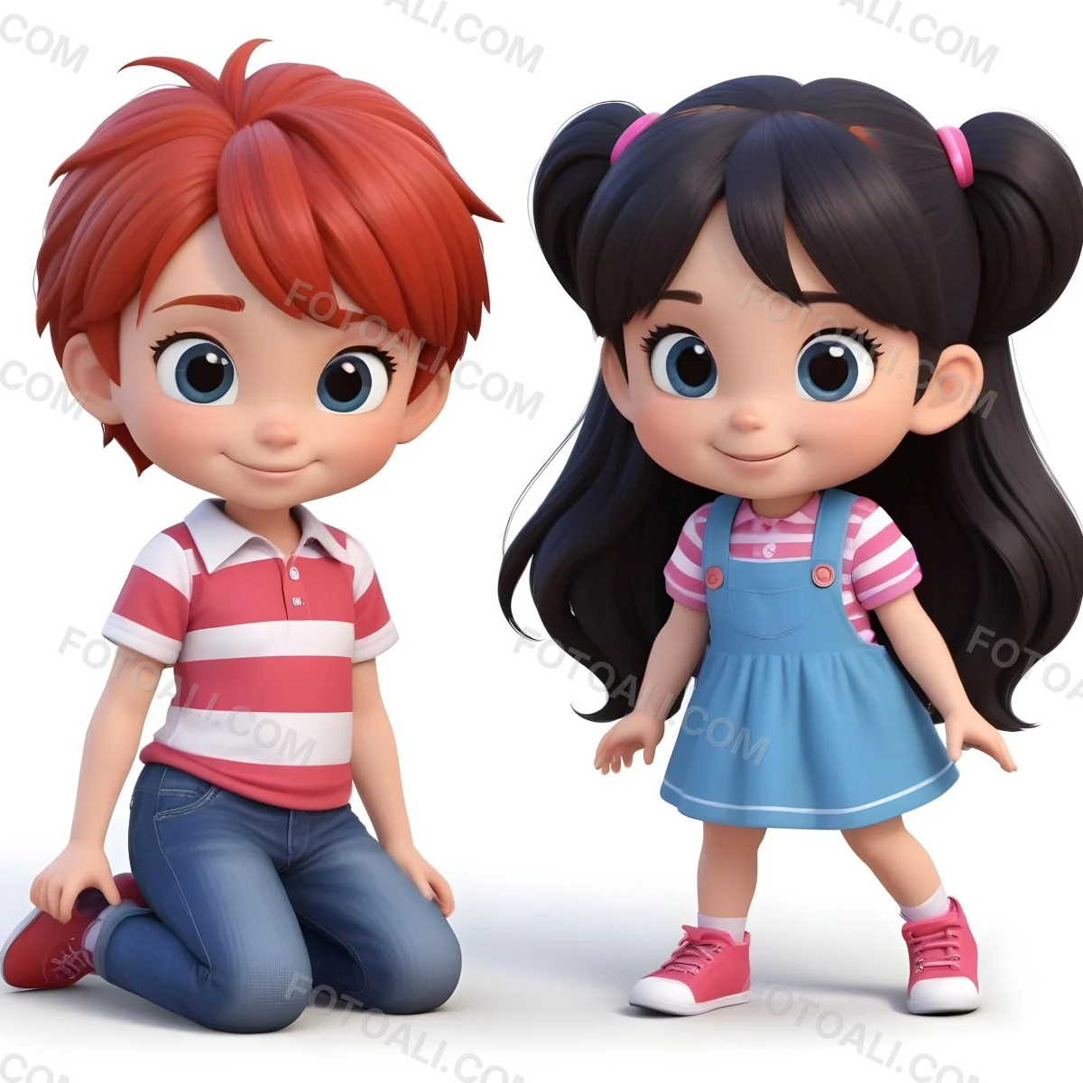 Colorful Flat Illustration Classical Animes A Boy With Red Hair Wearing A Red And White Striped Shirt And Blue Jeans Kneels On The Left A Girl With Long Black Hair Styled In Two Ponytails With Colorful Clips Stand 9 1482