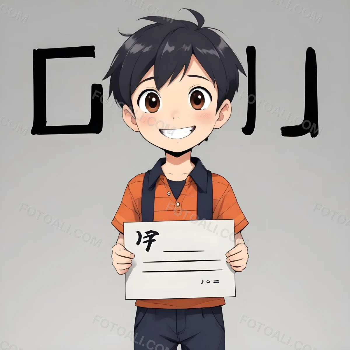 Colorful Flat Illustration Classical Animes A Caucasian Boy Around 8 Years Old With Short Black Hair Wearing A Orange And Navy Striped Shirt Dark Pants And Black Shoes He Is Smiling And Holding A Blank Gray Sign I 13 6053