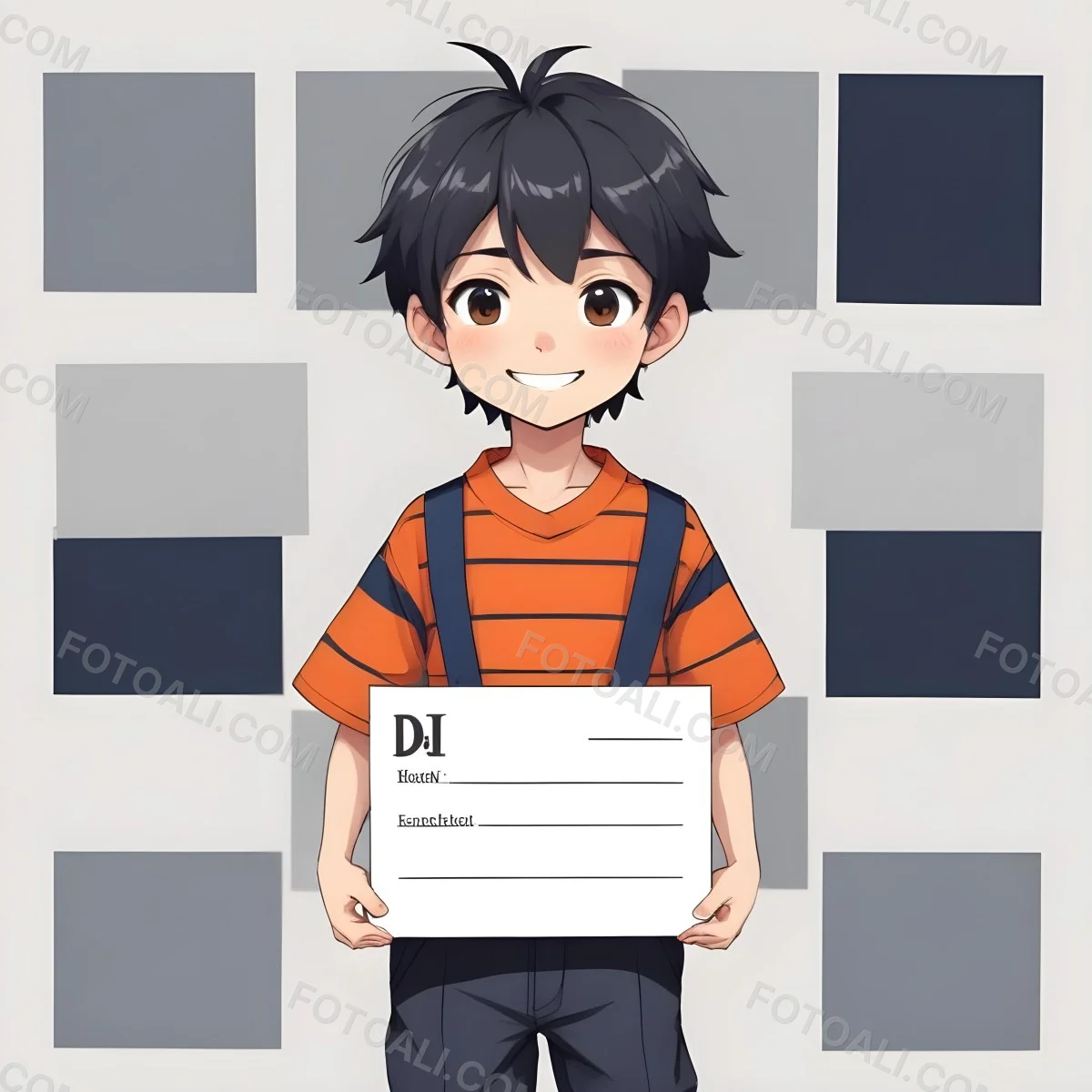 Colorful Flat Illustration Classical Animes A Caucasian Boy Around 8 Years Old With Short Black Hair Wearing A Orange And Navy Striped Shirt Dark Pants And Black Shoes He Is Smiling And Holding A Blank Gray Sign I 14 153b