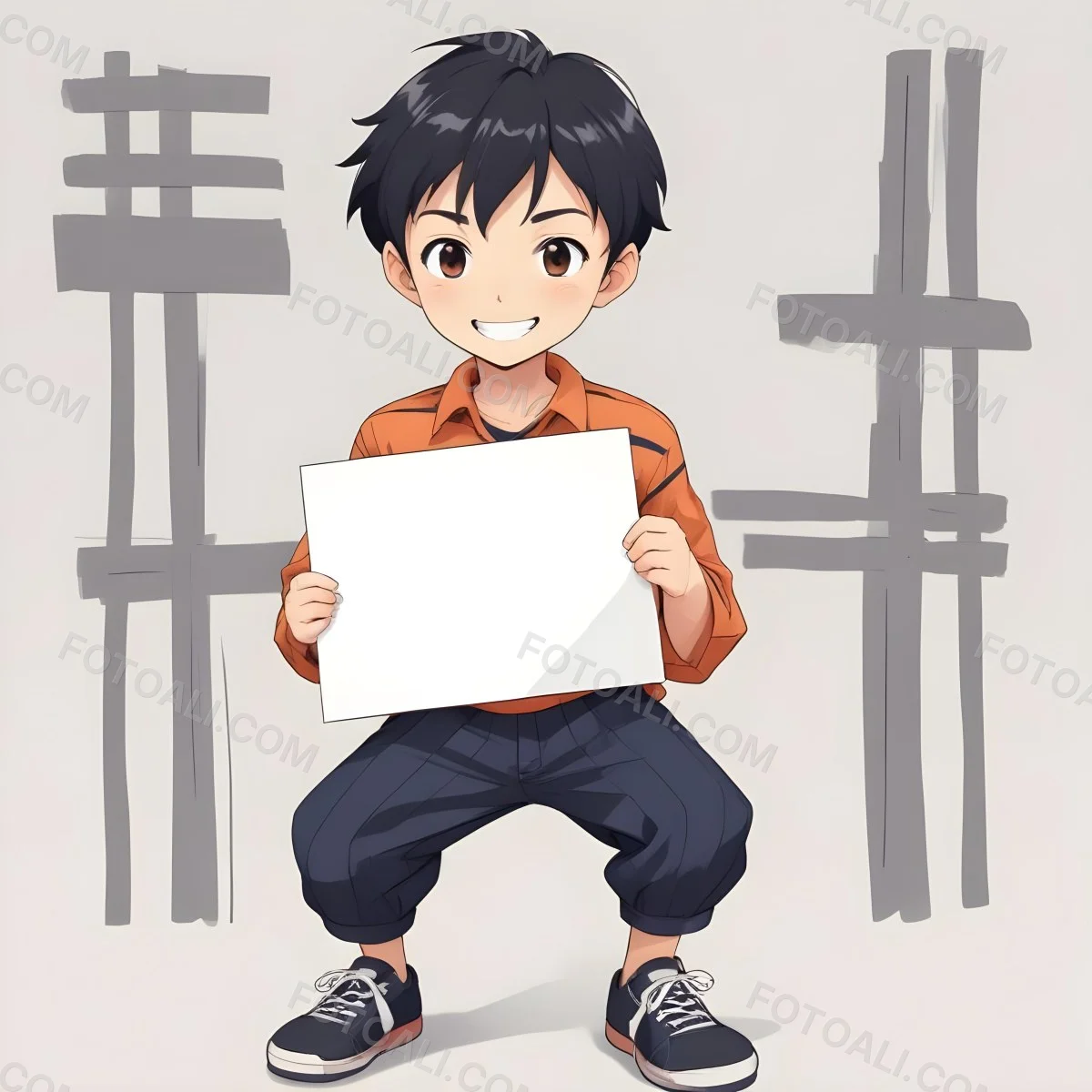 Colorful Flat Illustration Classical Animes A Caucasian Boy Around 8 Years Old With Short Black Hair Wearing A Orange And Navy Striped Shirt Dark Pants And Black Shoes He Is Smiling And Holding A Blank Gray Sign I 3 36fc