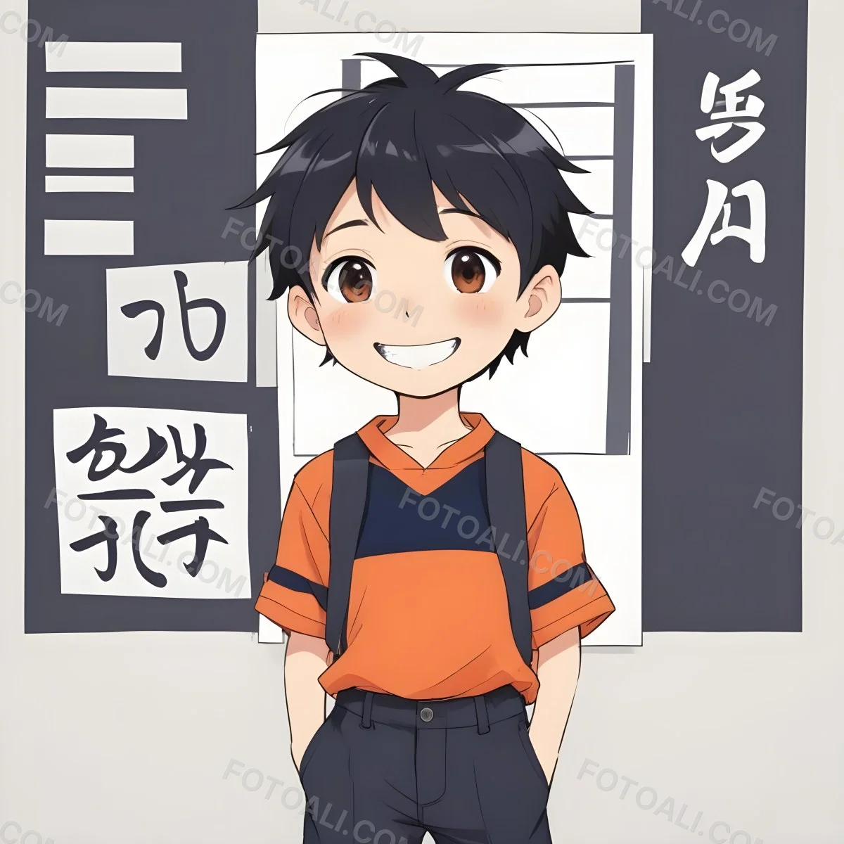 Colorful Flat Illustration Classical Animes A Caucasian Boy Around 8 Years Old With Short Black Hair Wearing A Orange And Navy Striped Shirt Dark Pants And Black Shoes He Is Smiling And Holding A Blank Gray Sign I 5 472d