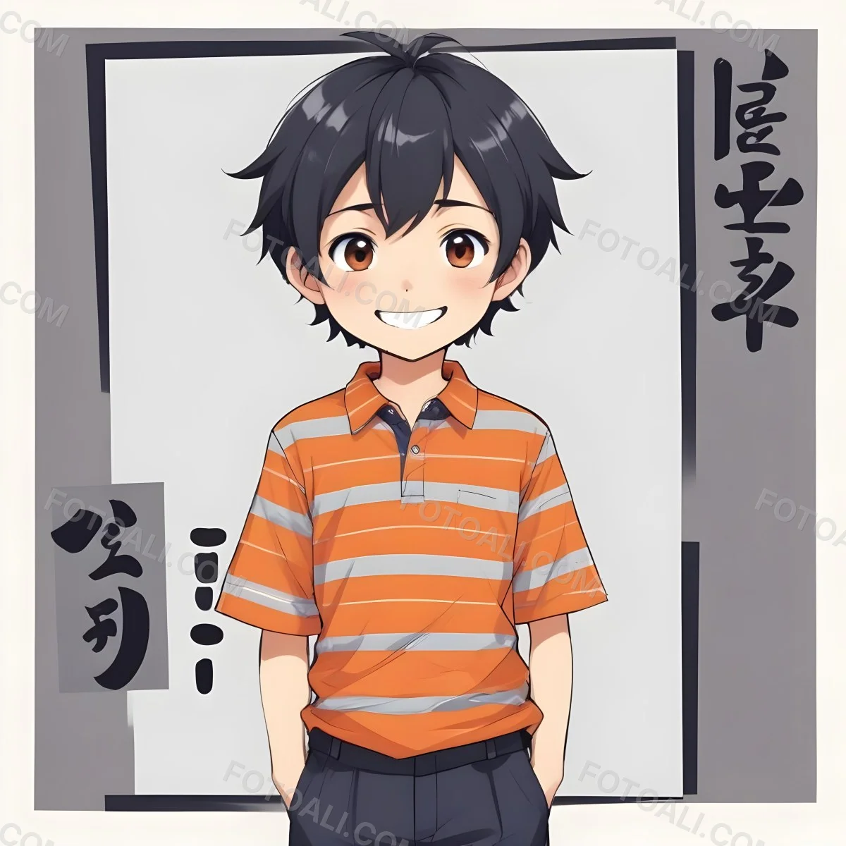 Colorful Flat Illustration Classical Animes A Caucasian Boy Around 8 Years Old With Short Black Hair Wearing A Orange And Navy Striped Shirt Dark Pants And Black Shoes He Is Smiling And Holding A Blank Gray Sign I 6 E10d