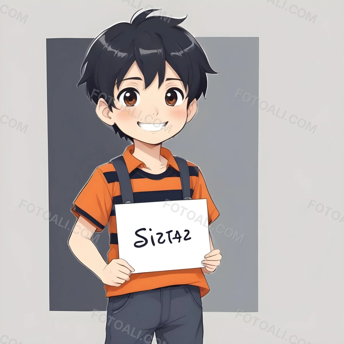 Colorful Flat Illustration Classical Animes A Caucasian Boy Around 8 Years Old With Short Black Hair Wearing A Orange And Navy Striped Shirt Dark Pants And Black Shoes He Is Smiling And Holding A Blank Gray Sign I 7 Eb33