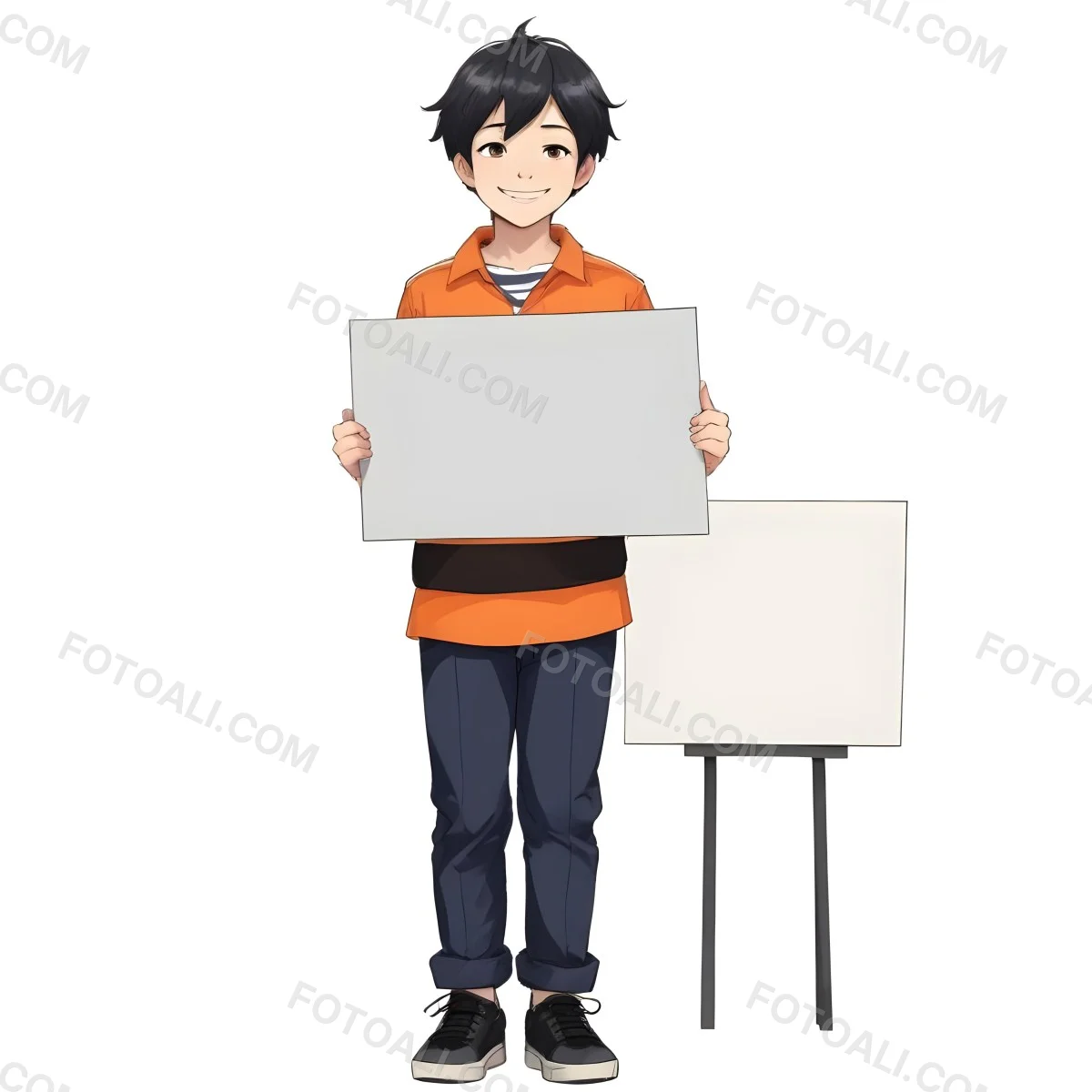 Colorful Flat Illustration Classical Animes A Caucasian Boy Around 8 Years Old With Short Black Hair Wearing A Orange And Navy Striped Shirt Dark Pants And Black Shoes He Is Smiling And Holding A Blank Gray Sign I 8 2c58