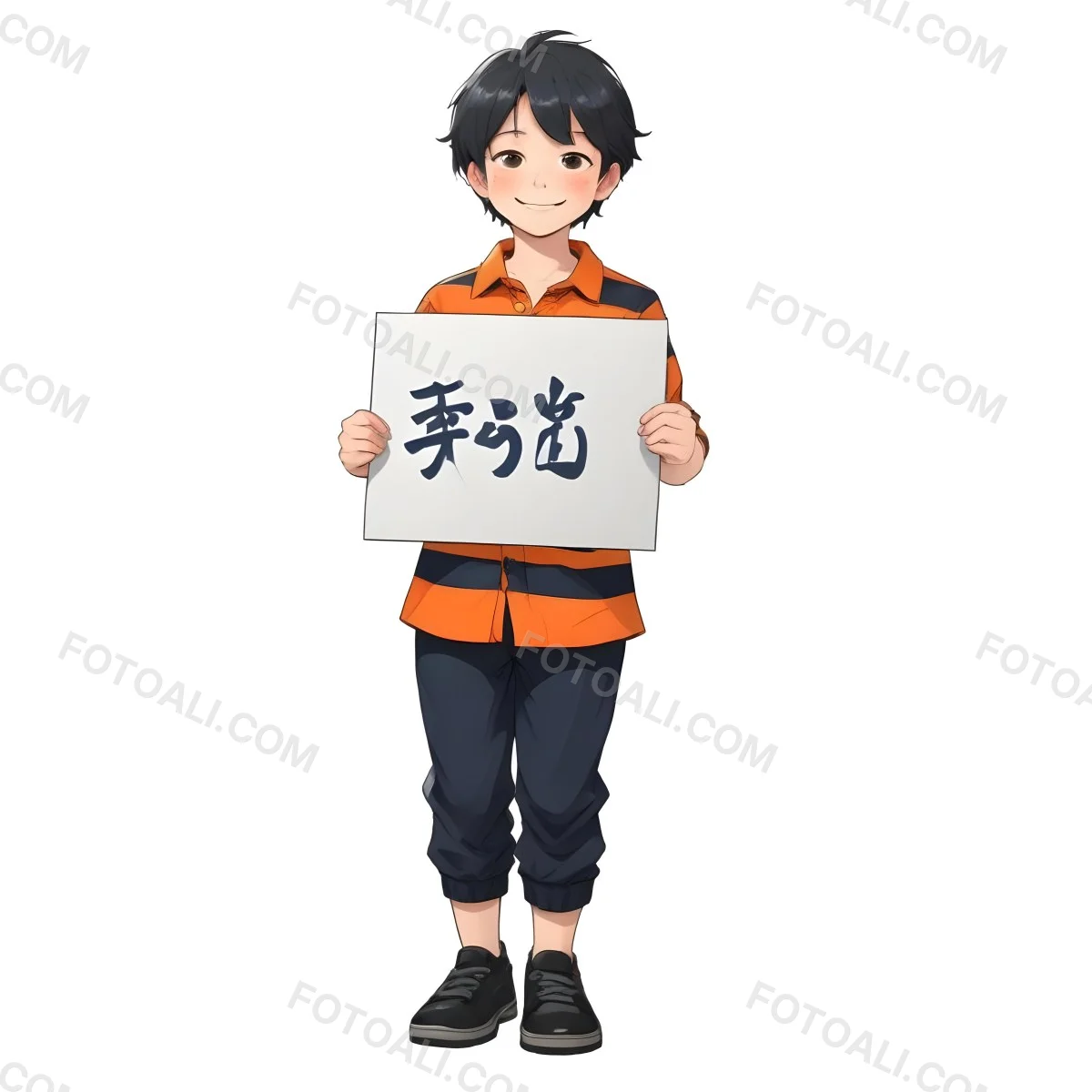 Colorful Flat Illustration Classical Animes A Caucasian Boy Around 8 Years Old With Short Black Hair Wearing A Orange And Navy Striped Shirt Dark Pants And Black Shoes He Is Smiling And Holding A Blank Gray Sign I 9 E459