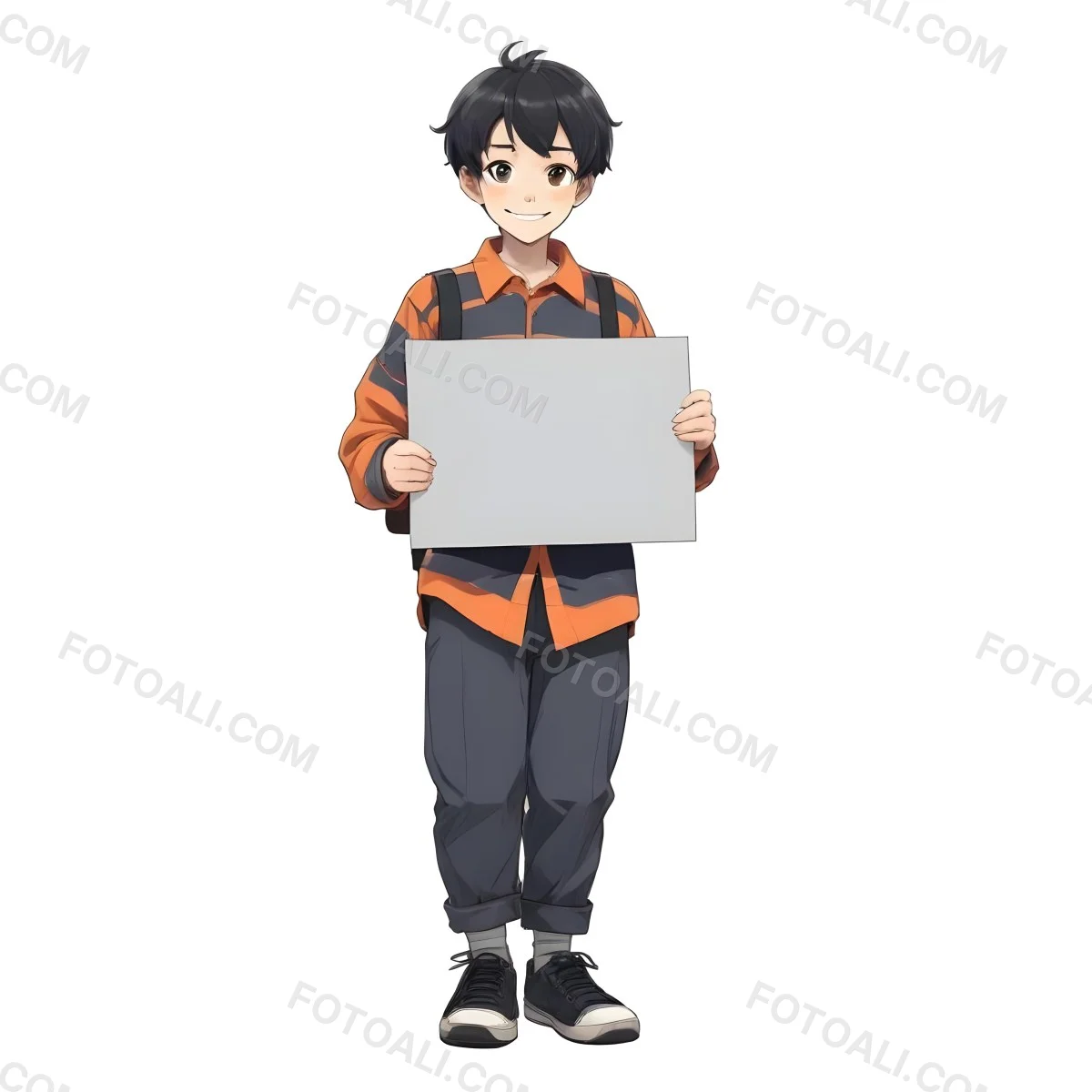 Colorful Flat Illustration Classical Animes A Caucasian Boy Around 8 Years Old With Short Black Hair Wearing A Orange And Navy Striped Shirt Dark Pants And Black Shoes He Is Smiling And Holding A Blank Gray Sign In 1 6f44
