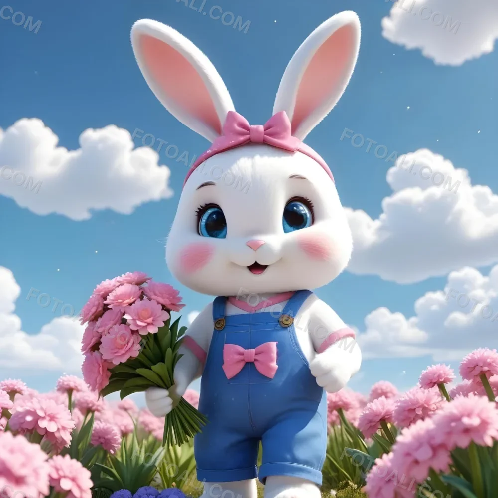 Colorful Flat Illustration Classical Animes A Cute White Bunny Character With Large Ears And A Blue Bow On Its Head Wearing Pink Overalls And Holding A Bouquet Of Flowers The Background Features A Blue Sky With Fluffy 10 E990