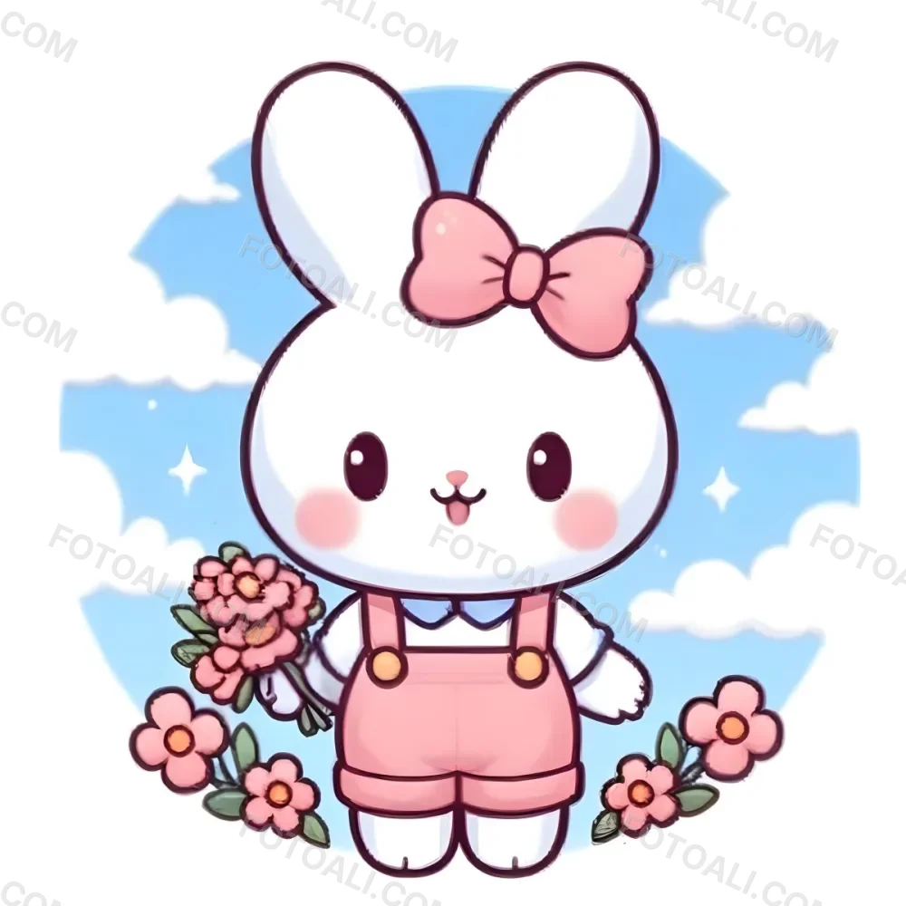 Colorful Flat Illustration Classical Animes A Cute White Bunny Character With Large Ears And A Blue Bow On Its Head Wearing Pink Overalls And Holding A Bouquet Of Flowers The Background Features A Blue Sky With Fluffy 26 06ac