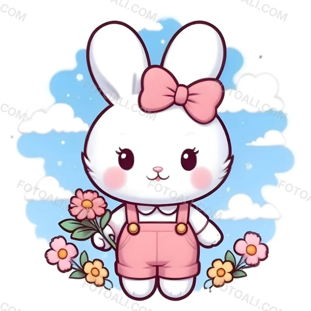 Colorful Flat Illustration Classical Animes A Cute White Bunny Character With Large Ears And A Blue Bow On Its Head Wearing Pink Overalls And Holding A Bouquet Of Flowers The Background Features A Blue Sky With Fluffy 38 67a8