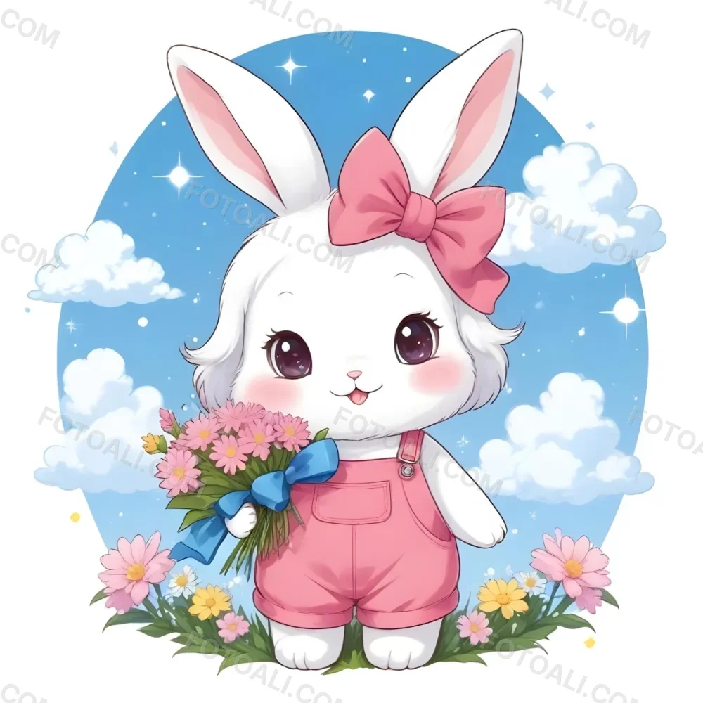 Colorful Flat Illustration Classical Animes A Cute White Bunny Character With Large Ears And A Blue Bow On Its Head Wearing Pink Overalls And Holding A Bouquet Of Flowers The Background Features A Blue Sky With Fluffy 39 A66e