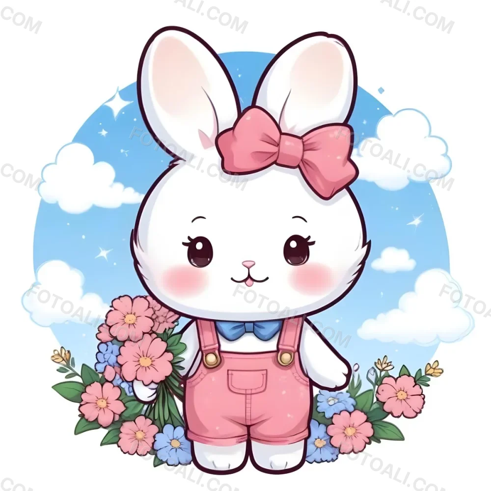 Colorful Flat Illustration Classical Animes A Cute White Bunny Character With Large Ears And A Blue Bow On Its Head Wearing Pink Overalls And Holding A Bouquet Of Flowers The Background Features A Blue Sky With Fluffy 44 B4f3