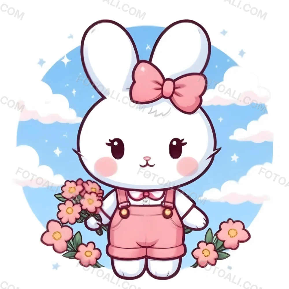 Colorful Flat Illustration Classical Animes A Cute White Bunny Character With Large Ears And A Blue Bow On Its Head Wearing Pink Overalls And Holding A Bouquet Of Flowers The Background Features A Blue Sky With Fluffy 46 0b43