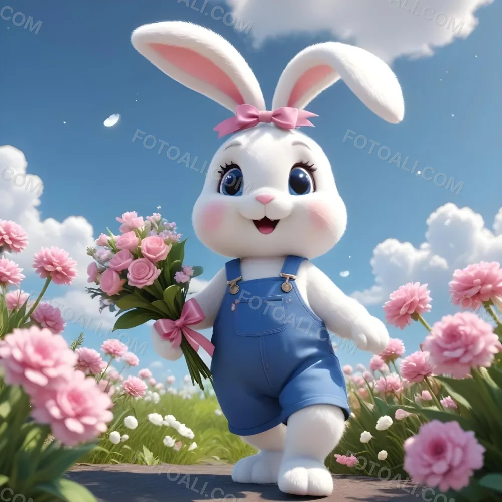 Colorful Flat Illustration Classical Animes A Cute White Bunny Character With Large Ears And A Blue Bow On Its Head Wearing Pink Overalls And Holding A Bouquet Of Flowers The Background Features A Blue Sky With Fluffy 5 0209