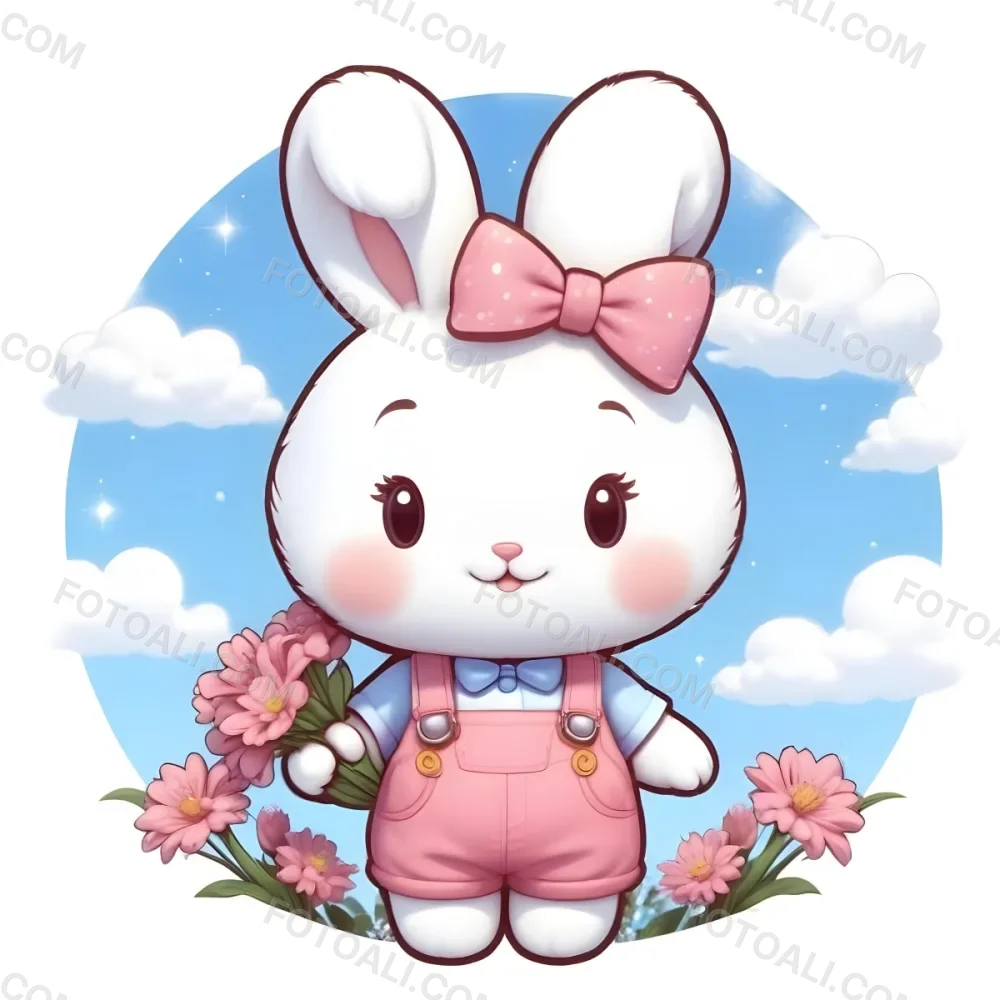 Colorful Flat Illustration Classical Animes A Cute White Bunny Character With Large Ears And A Blue Bow On Its Head Wearing Pink Overalls And Holding A Bouquet Of Flowers The Background Features A Blue Sky With Fluffy 7 8b0e