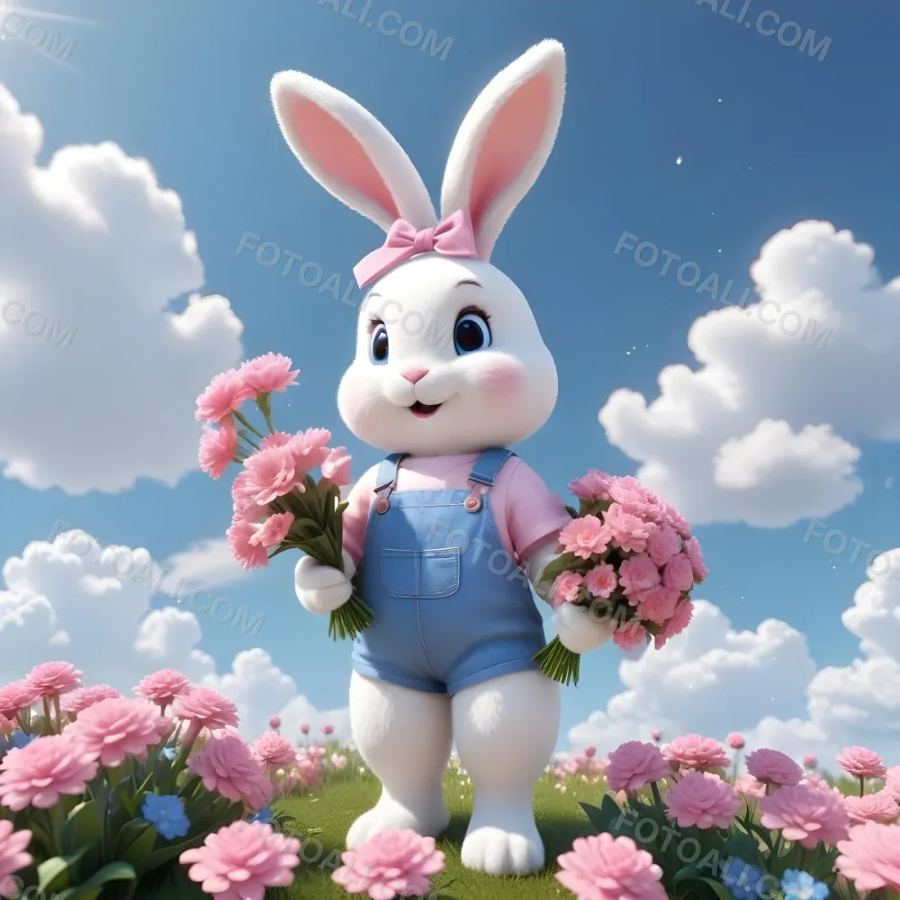 Colorful Flat Illustration Classical Animes A Cute White Bunny Character With Large Ears And A Blue Bow On Its Head Wearing Pink Overalls And Holding A Bouquet Of Flowers The Background Features A Blue Sky With Fluffy 8 2301
