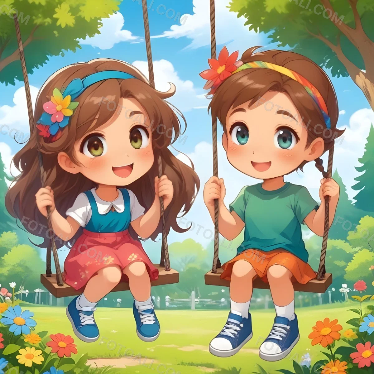 Colorful Flat Illustration Classical Animes A Girl With Long Brown Hair Wearing A Blue Top With A Colorful Skirt And Green Shoes Is Sitting On A Swing She Has Brown Eyes And A Flower Headband Next To Her Is A Girl Wi 10 89db