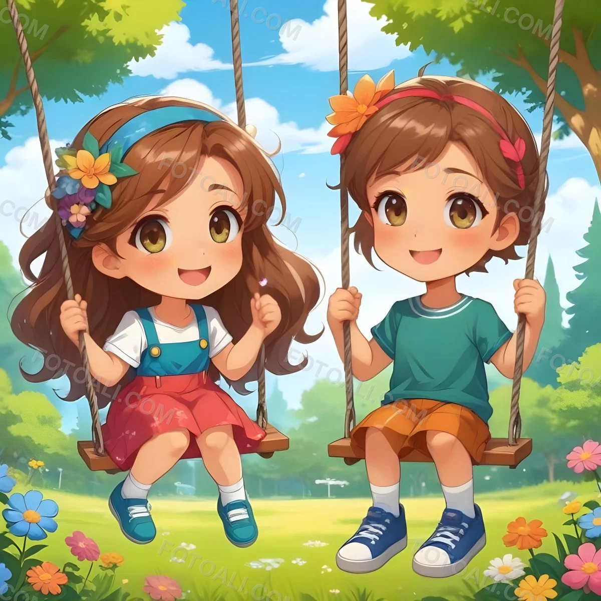 Colorful Flat Illustration Classical Animes A Girl With Long Brown Hair Wearing A Blue Top With A Colorful Skirt And Green Shoes Is Sitting On A Swing She Has Brown Eyes And A Flower Headband Next To Her Is A Girl Wi 11 Ae62