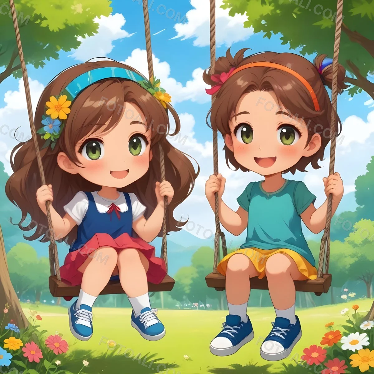 Colorful Flat Illustration Classical Animes A Girl With Long Brown Hair Wearing A Blue Top With A Colorful Skirt And Green Shoes Is Sitting On A Swing She Has Brown Eyes And A Flower Headband Next To Her Is A Girl Wi 12 A699