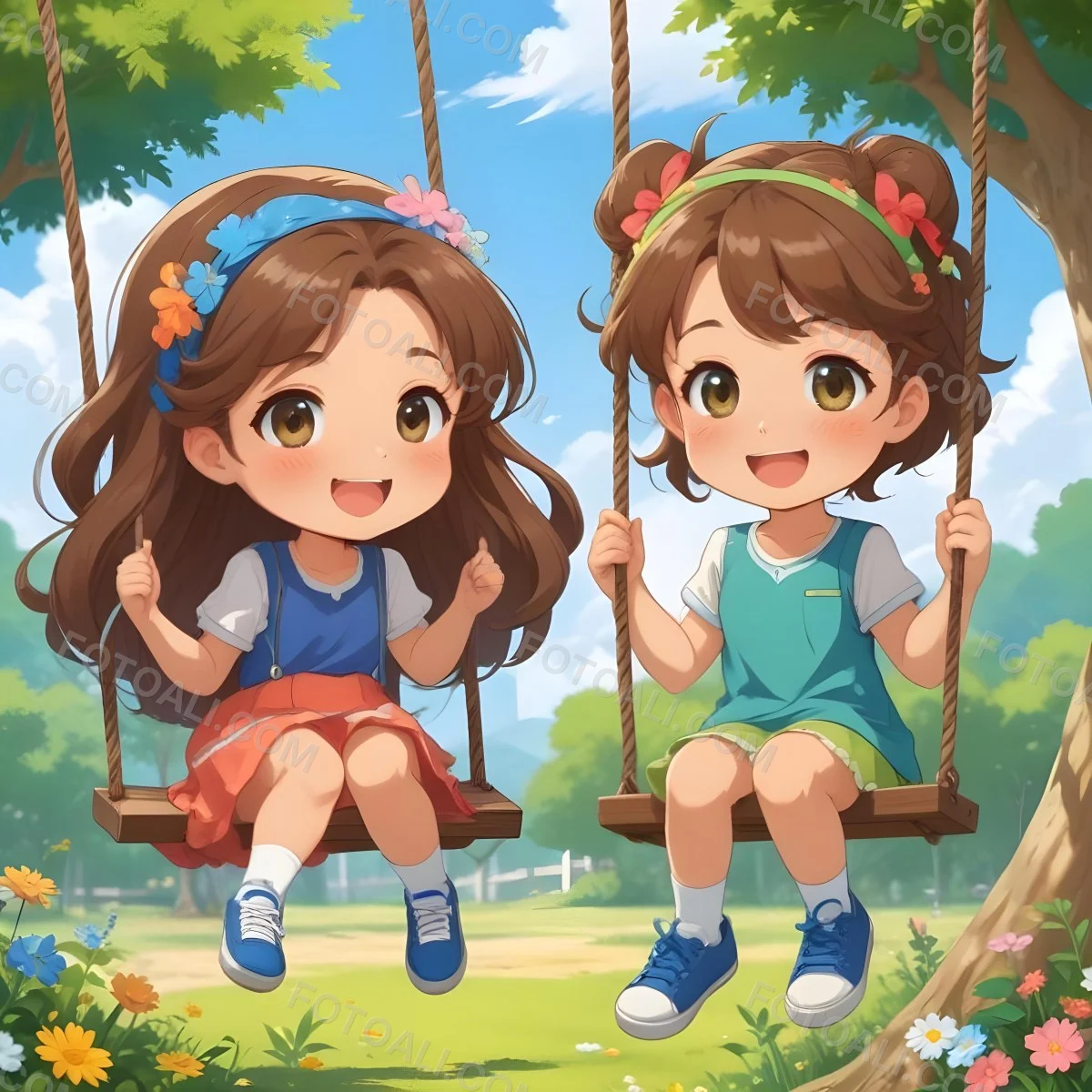 Colorful Flat Illustration Classical Animes A Girl With Long Brown Hair Wearing A Blue Top With A Colorful Skirt And Green Shoes Is Sitting On A Swing She Has Brown Eyes And A Flower Headband Next To Her Is A Girl Wi 16 6ee1