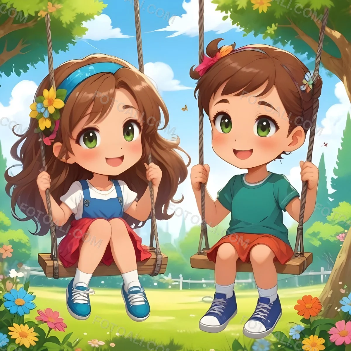Colorful Flat Illustration Classical Animes A Girl With Long Brown Hair Wearing A Blue Top With A Colorful Skirt And Green Shoes Is Sitting On A Swing She Has Brown Eyes And A Flower Headband Next To Her Is A Girl Wi 7 1a43