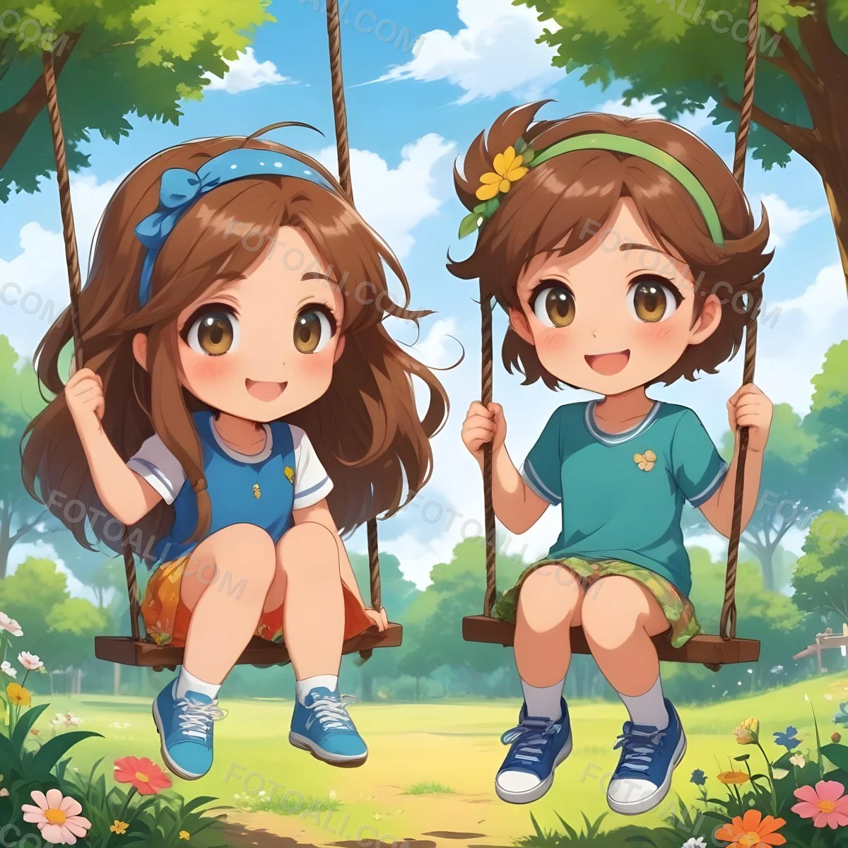 Colorful Flat Illustration Classical Animes A Girl With Long Brown Hair Wearing A Blue Top With A Colorful Skirt And Green Shoes Is Sitting On A Swing She Has Brown Eyes And A Flower Headband Next To Her Is A Girl Wi 8 0d32