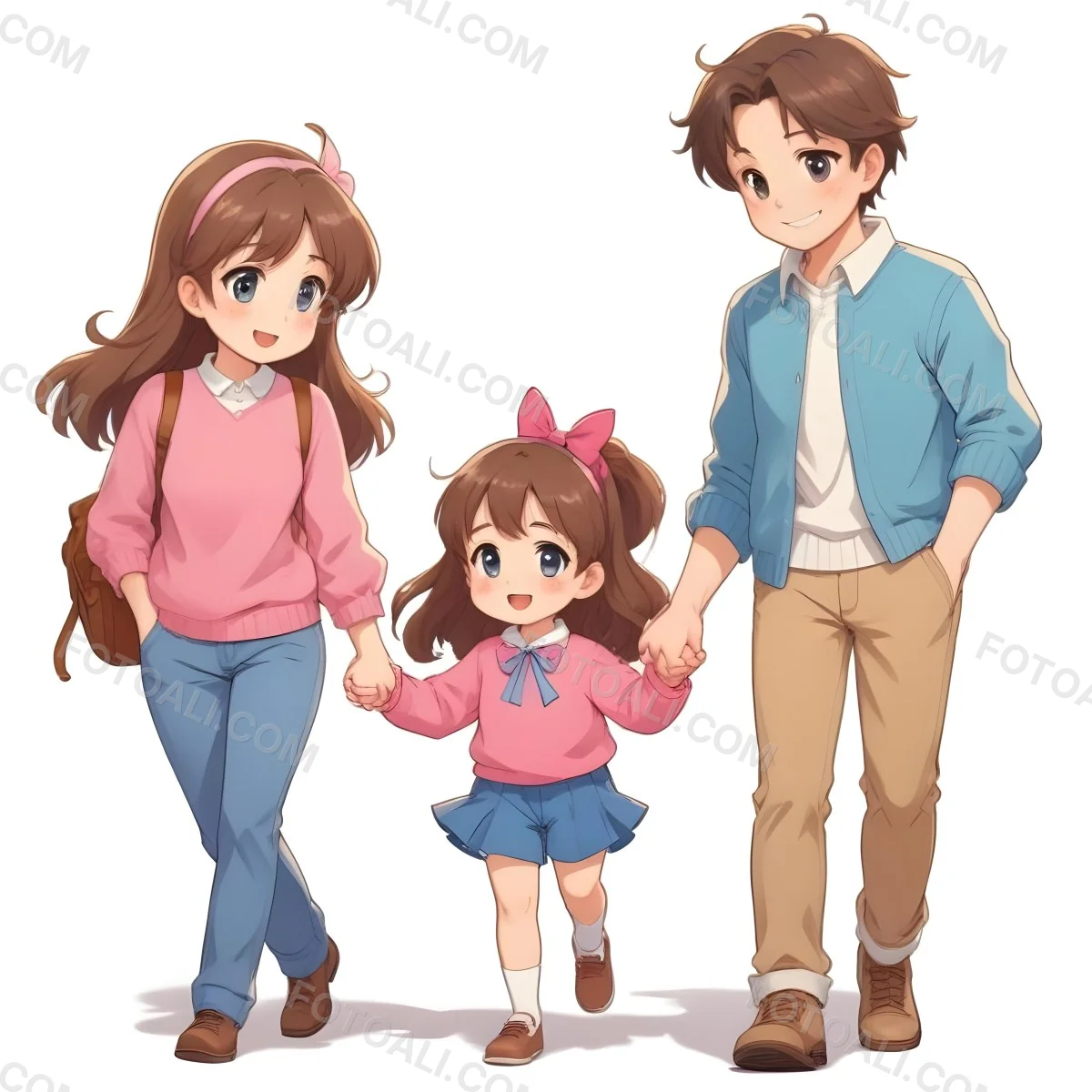 Colorful Flat Illustration Classical Animes A Woman With Long Brown Hair Wearing A Pink Sweater And White Jeans Is Holding Hands With A Young Girl Who Has Brown Hair And A Blue Bow Wearing A Pink And Blue Outfit A Wo 12 85b7
