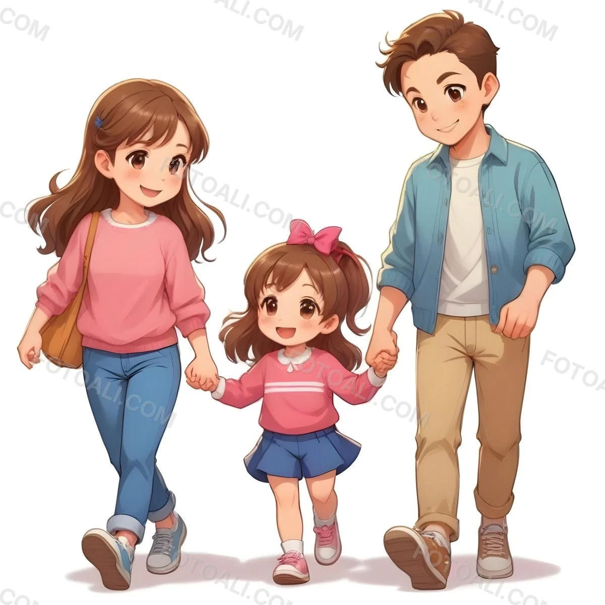 Colorful Flat Illustration Classical Animes A Woman With Long Brown Hair Wearing A Pink Sweater And White Jeans Is Holding Hands With A Young Girl Who Has Brown Hair And A Blue Bow Wearing A Pink And Blue Outfit A Wo 16 D327
