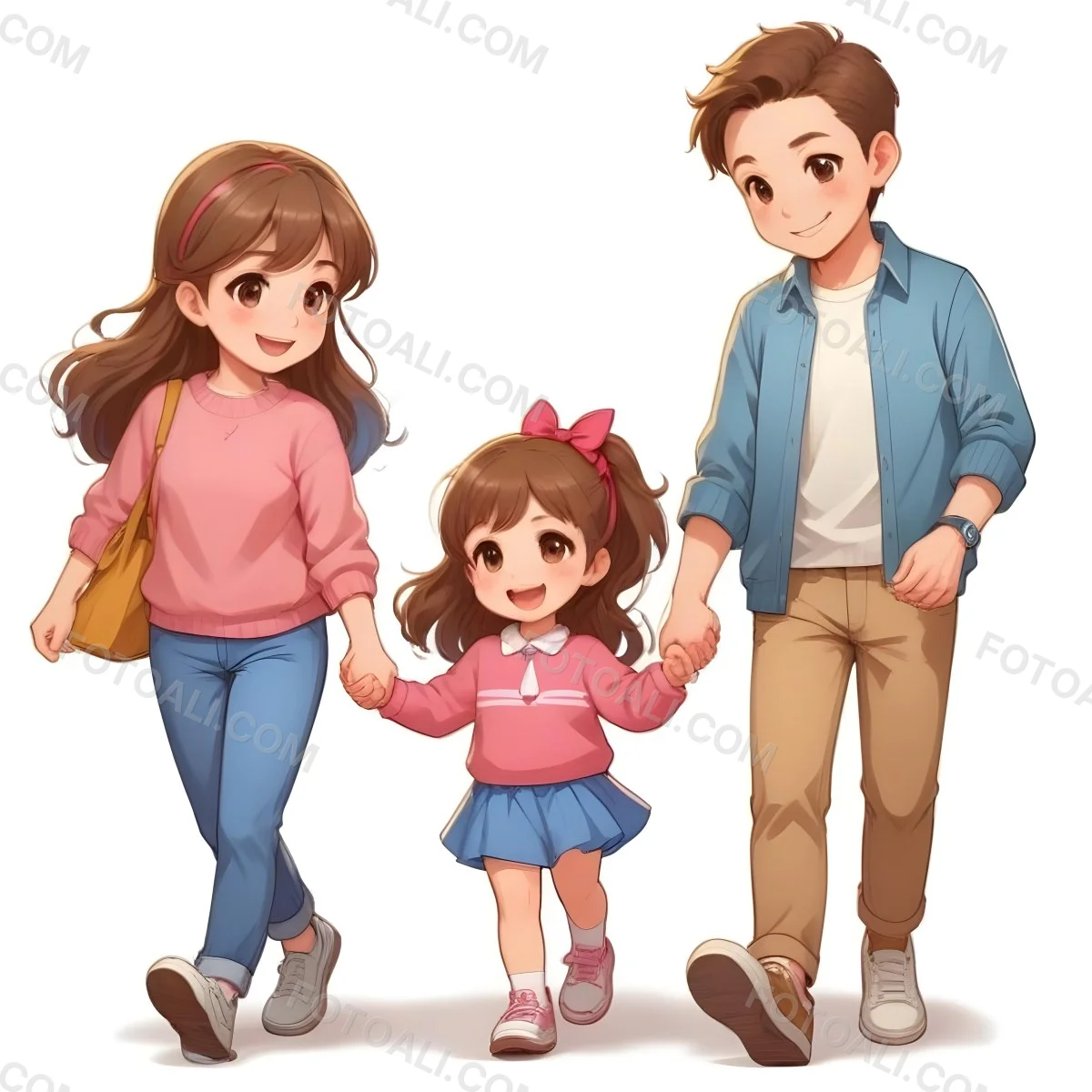 Colorful Flat Illustration Classical Animes A Woman With Long Brown Hair Wearing A Pink Sweater And White Jeans Is Holding Hands With A Young Girl Who Has Brown Hair And A Blue Bow Wearing A Pink And Blue Outfit A Wo 18 Ec69