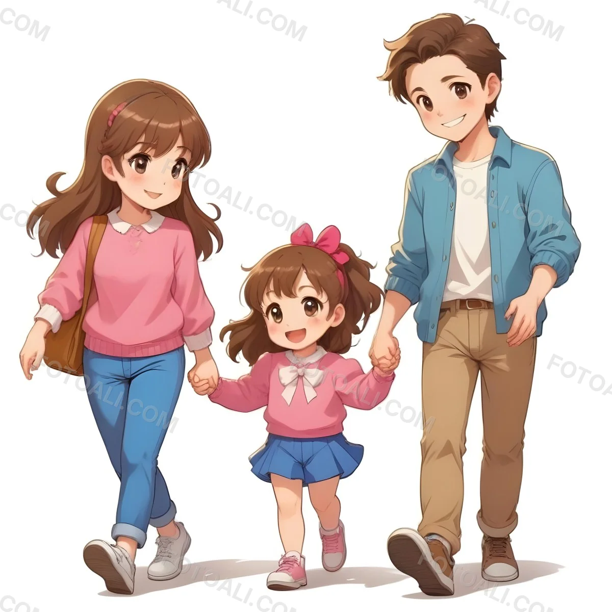 Colorful Flat Illustration Classical Animes A Woman With Long Brown Hair Wearing A Pink Sweater And White Jeans Is Holding Hands With A Young Girl Who Has Brown Hair And A Blue Bow Wearing A Pink And Blue Outfit A Wo 20 C0c2