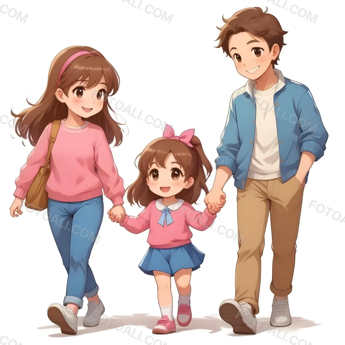 Colorful Flat Illustration Classical Animes A Woman With Long Brown Hair Wearing A Pink Sweater And White Jeans Is Holding Hands With A Young Girl Who Has Brown Hair And A Blue Bow Wearing A Pink And Blue Outfit A Wo 21 4c44