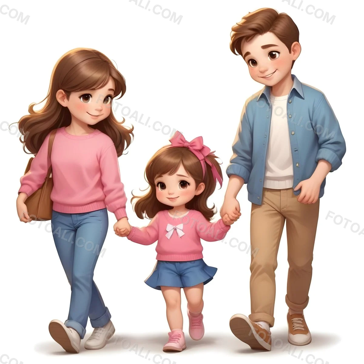 Colorful Flat Illustration Classical Animes A Woman With Long Brown Hair Wearing A Pink Sweater And White Jeans Is Holding Hands With A Young Girl Who Has Brown Hair And A Blue Bow Wearing A Pink And Blue Outfit A Wo 4 Ac5d