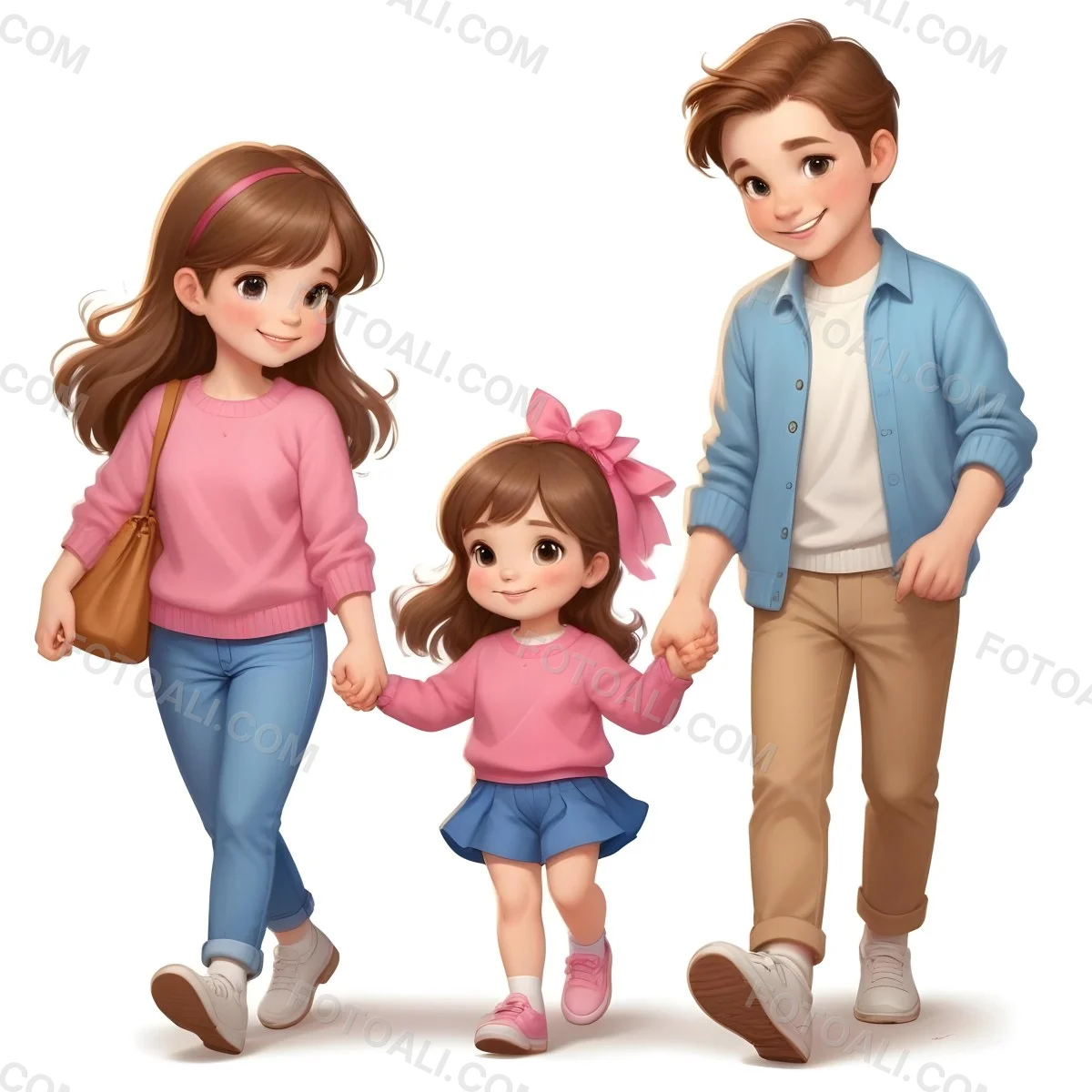 Colorful Flat Illustration Classical Animes A Woman With Long Brown Hair Wearing A Pink Sweater And White Jeans Is Holding Hands With A Young Girl Who Has Brown Hair And A Blue Bow Wearing A Pink And Blue Outfit A Wo 6 0948