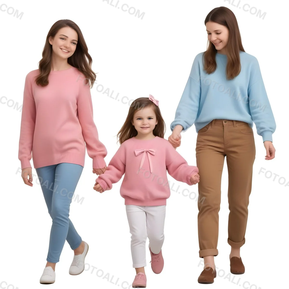 Colorful Flat Illustration Classical Animes A Woman With Long Brown Hair Wearing A Pink Sweater And White Jeans Is Holding Hands With A Young Girl Who Has Brown Hair And A Blue Bow Wearing A Pink And Blue Outfit A Wo 7 032d