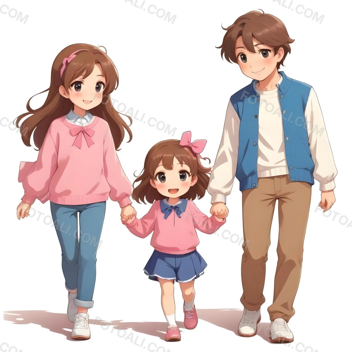 Colorful Flat Illustration Classical Animes A Woman With Long Brown Hair Wearing A Pink Sweater And White Jeans Is Holding Hands With A Young Girl Who Has Brown Hair And A Blue Bow Wearing A Pink And Blue Outfit A Wo 8 Be24