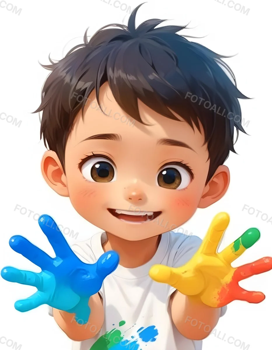 Colorful Flat Illustration Classical Animes A Young Boy With Short Dark Brown Hair And A Joyful Expression Holding Up His Hands Covered In Blue And Yellow Paint He Is Wearing A White T Shirt And Has Large Expressive E 10 0600