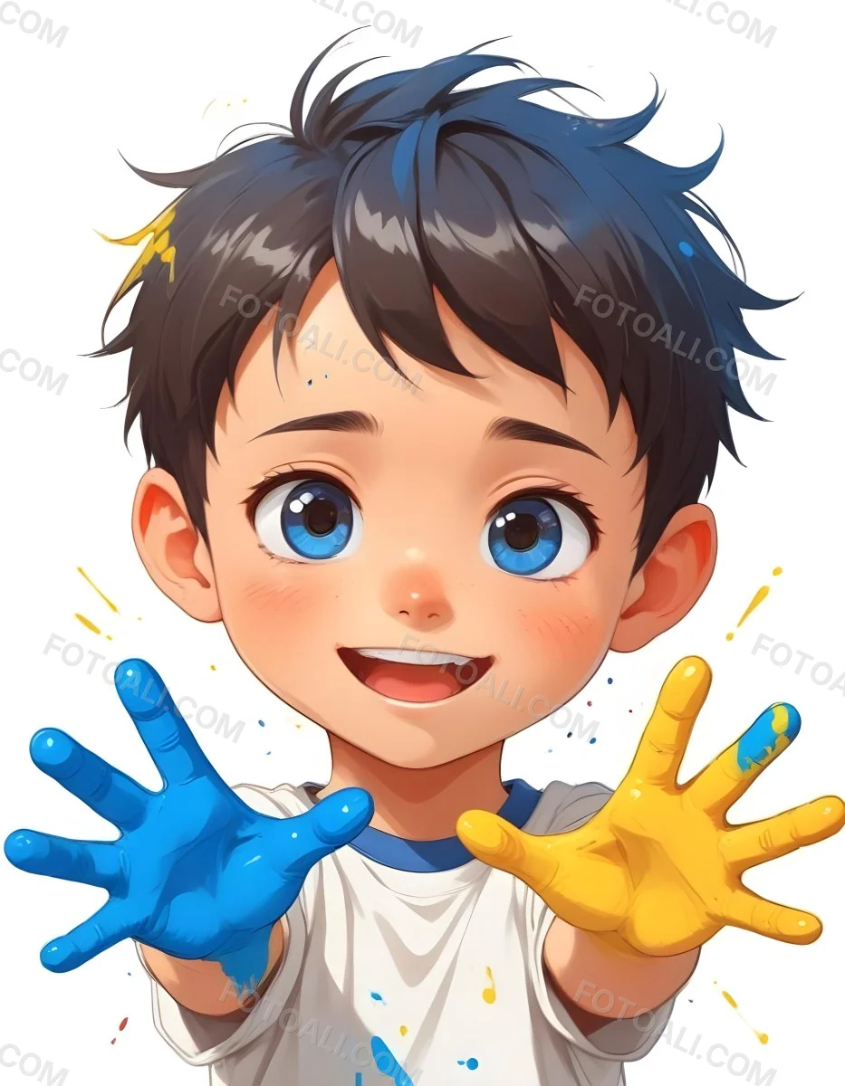 Colorful Flat Illustration Classical Animes A Young Boy With Short Dark Brown Hair And A Joyful Expression Holding Up His Hands Covered In Blue And Yellow Paint He Is Wearing A White T Shirt And Has Large Expressive E 18 C7dc