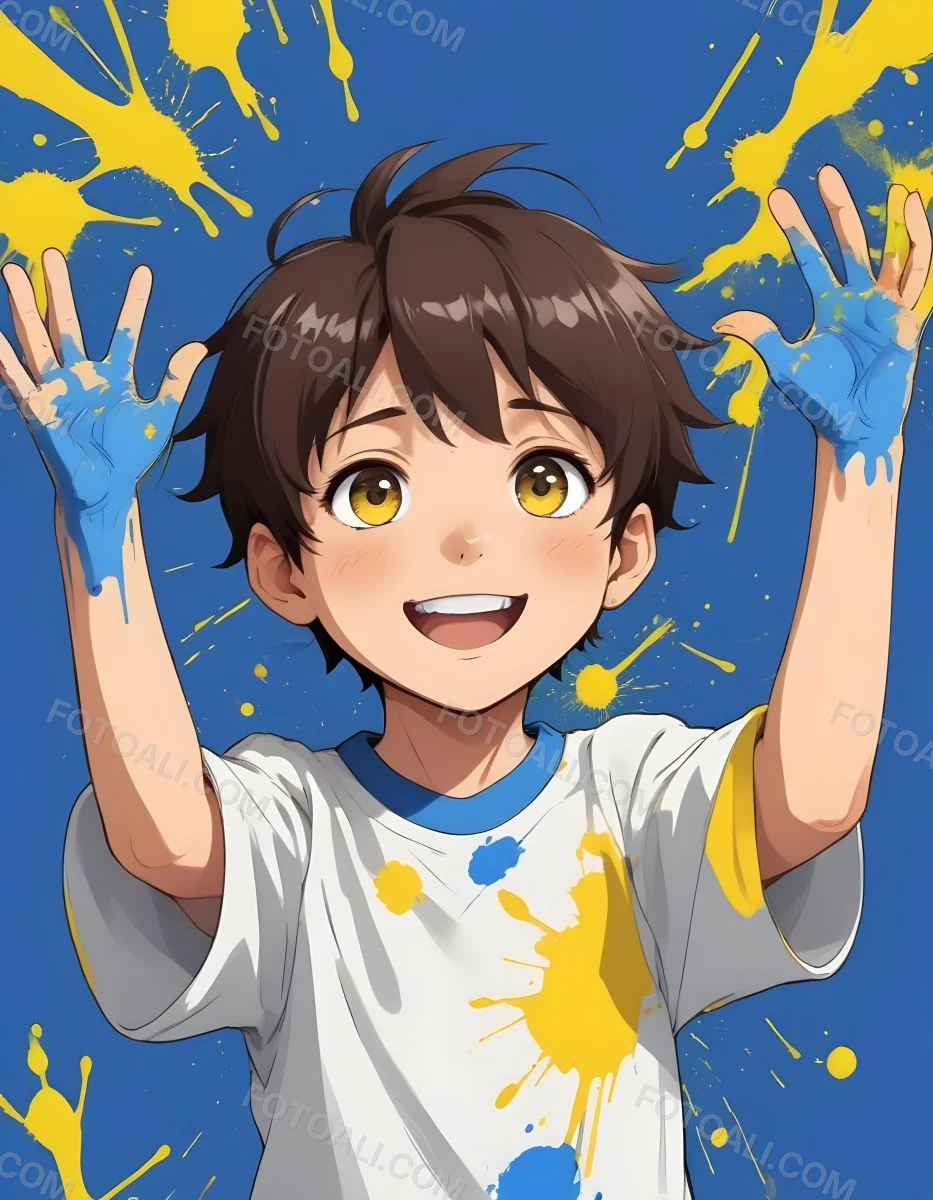 Colorful Flat Illustration Classical Animes A Young Boy With Short Dark Brown Hair And A Joyful Expression Holding Up His Hands Covered In Blue And Yellow Paint He Is Wearing A White T Shirt And Has Large Expressive E 20 2fb0
