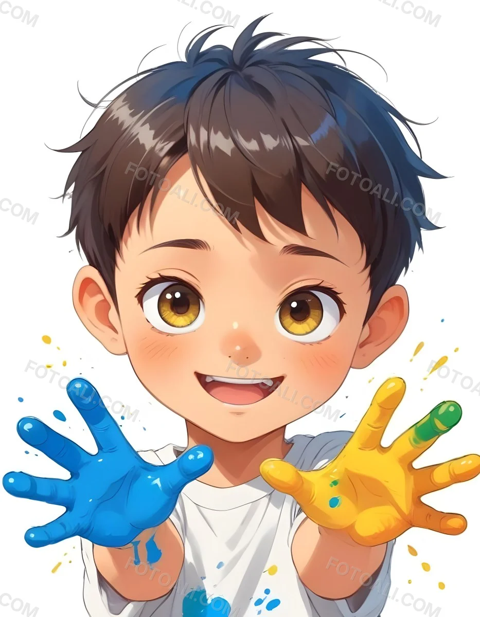 Colorful Flat Illustration Classical Animes A Young Boy With Short Dark Brown Hair And A Joyful Expression Holding Up His Hands Covered In Blue And Yellow Paint He Is Wearing A White T Shirt And Has Large Expressive E 21 F206