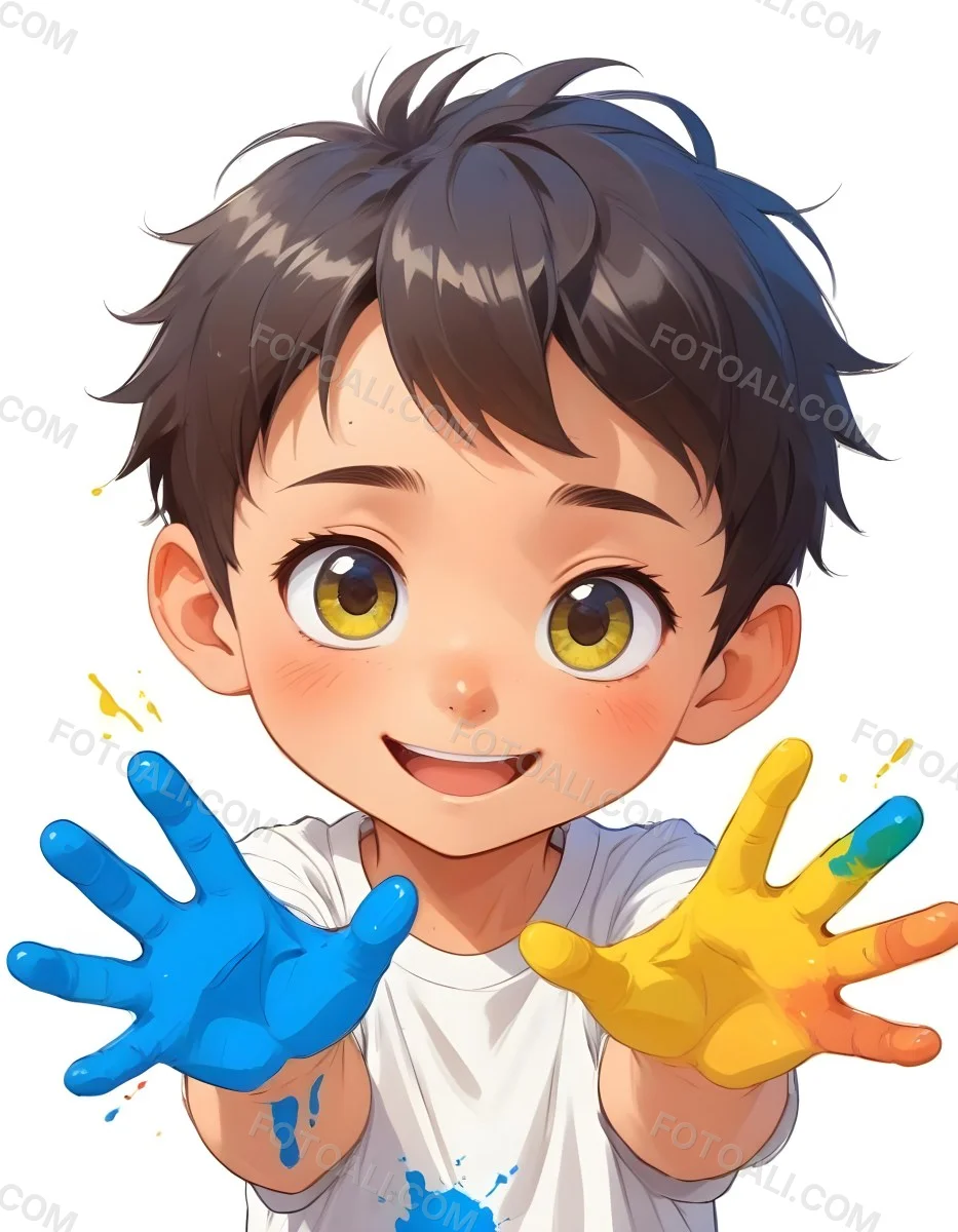 Colorful Flat Illustration Classical Animes A Young Boy With Short Dark Brown Hair And A Joyful Expression Holding Up His Hands Covered In Blue And Yellow Paint He Is Wearing A White T Shirt And Has Large Expressive E 22 D638