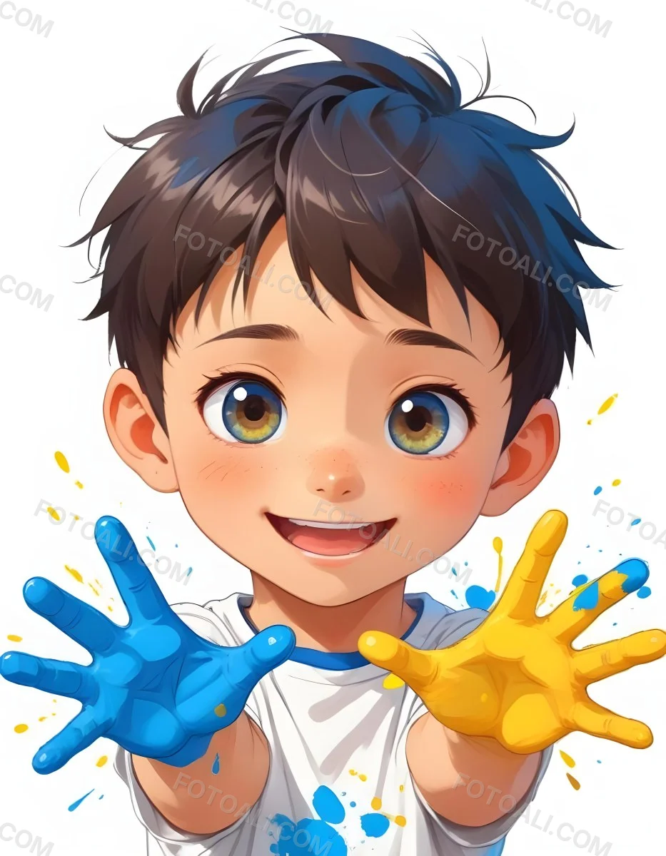 Colorful Flat Illustration Classical Animes A Young Boy With Short Dark Brown Hair And A Joyful Expression Holding Up His Hands Covered In Blue And Yellow Paint He Is Wearing A White T Shirt And Has Large Expressive E 4 351d