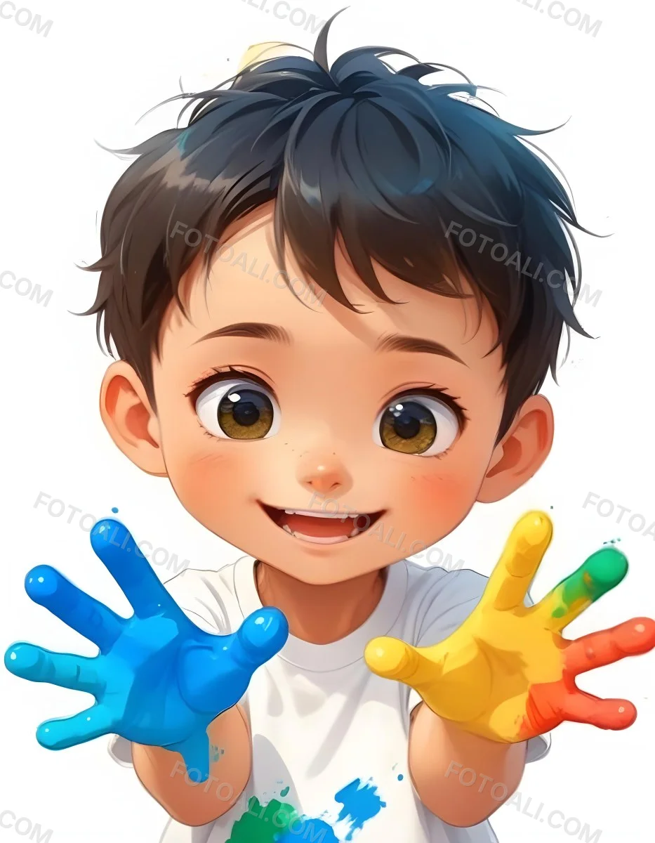 Colorful Flat Illustration Classical Animes A Young Boy With Short Dark Brown Hair And A Joyful Expression Holding Up His Hands Covered In Blue And Yellow Paint He Is Wearing A White T Shirt And Has Large Expressive E 8 Cf68