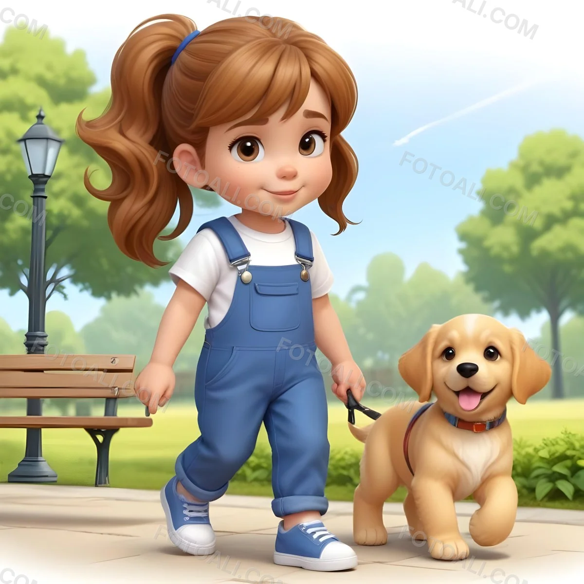Colorful Flat Illustration Classical Animes A Young Girl Approximately 6 Years Old With Light Skin And Long Brown Hair In A Ponytail Wearing A White T Shirt And Blue Overalls She Is Walking A Golden Retriever Puppy O 11 38ff
