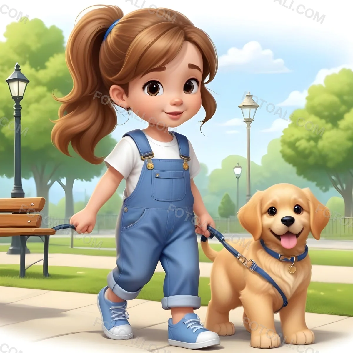 Colorful Flat Illustration Classical Animes A Young Girl Approximately 6 Years Old With Light Skin And Long Brown Hair In A Ponytail Wearing A White T Shirt And Blue Overalls She Is Walking A Golden Retriever Puppy O 12 549f