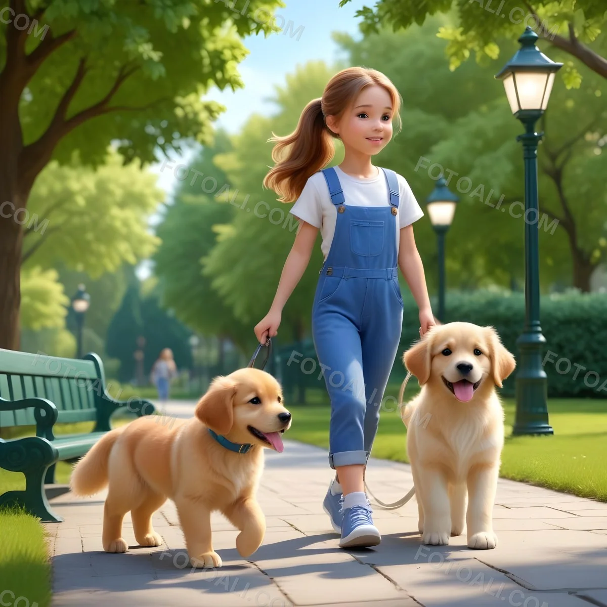 Colorful Flat Illustration Classical Animes A Young Girl Approximately 6 Years Old With Light Skin And Long Brown Hair In A Ponytail Wearing A White T Shirt And Blue Overalls She Is Walking A Golden Retriever Puppy O 13 30e9