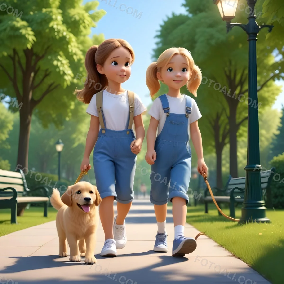 Colorful Flat Illustration Classical Animes A Young Girl Approximately 6 Years Old With Light Skin And Long Brown Hair In A Ponytail Wearing A White T Shirt And Blue Overalls She Is Walking A Golden Retriever Puppy O 14 C25a