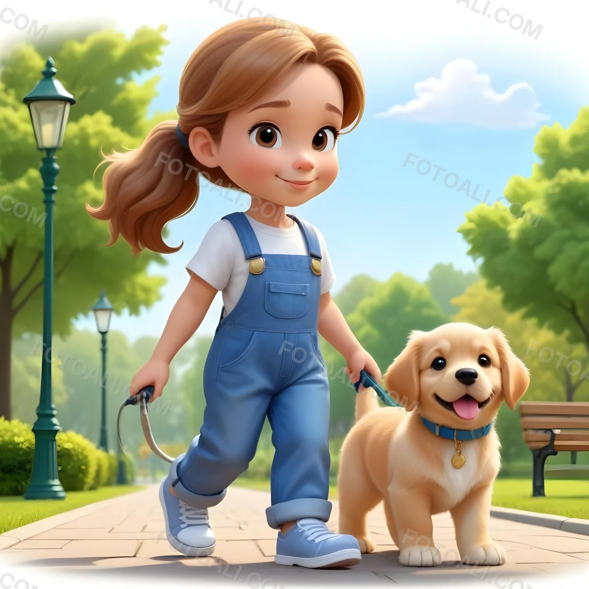 Colorful Flat Illustration Classical Animes A Young Girl Approximately 6 Years Old With Light Skin And Long Brown Hair In A Ponytail Wearing A White T Shirt And Blue Overalls She Is Walking A Golden Retriever Puppy O 15 0d40