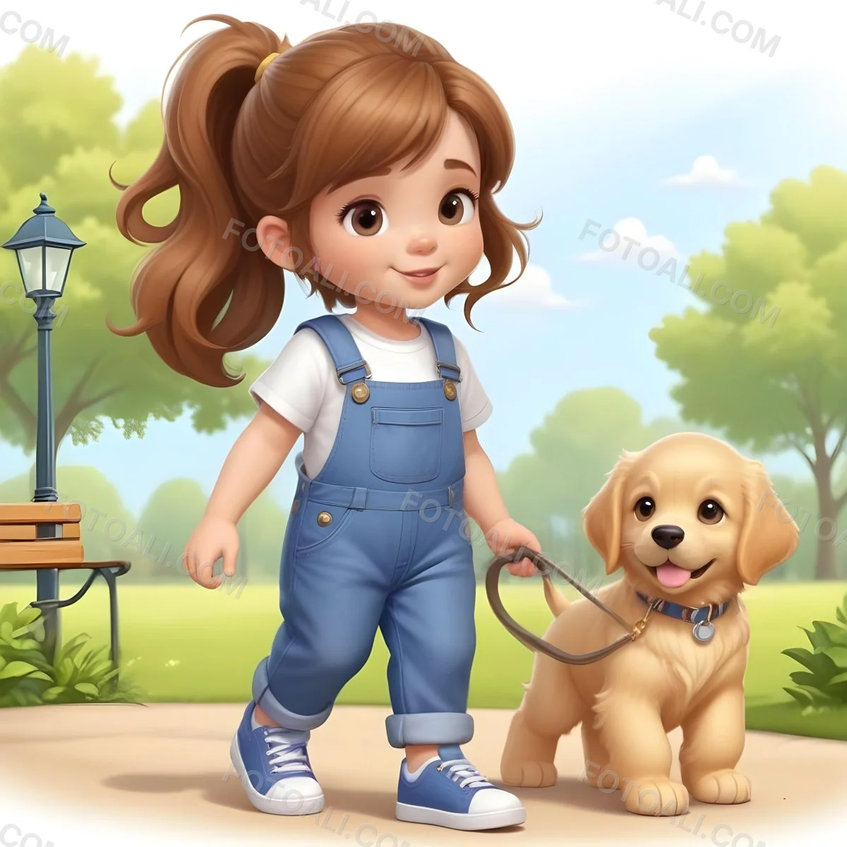 Colorful Flat Illustration Classical Animes A Young Girl Approximately 6 Years Old With Light Skin And Long Brown Hair In A Ponytail Wearing A White T Shirt And Blue Overalls She Is Walking A Golden Retriever Puppy O 4 449d